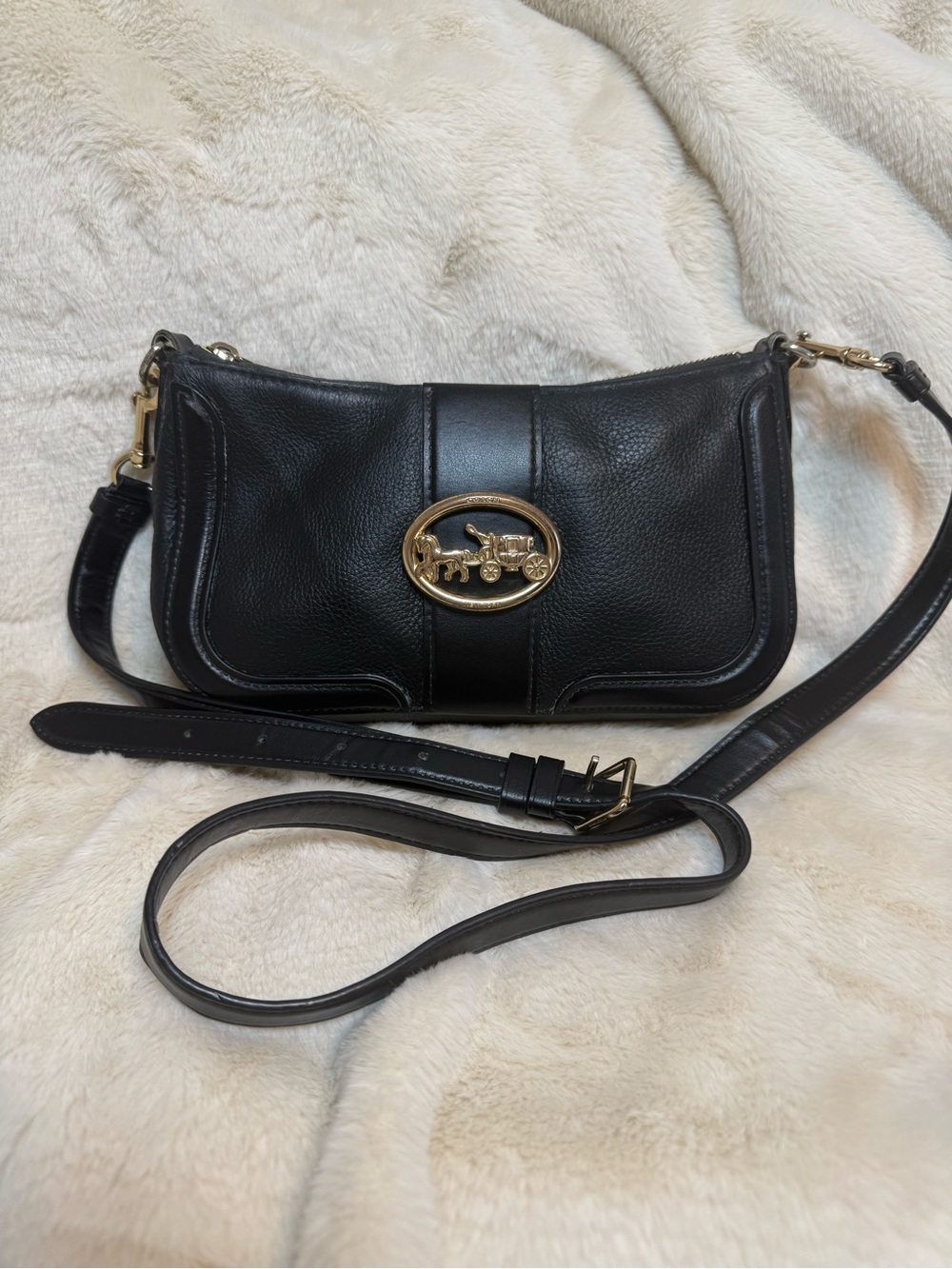 Coach Black Leather Shoulder Bag with Gold Coach Emblem
